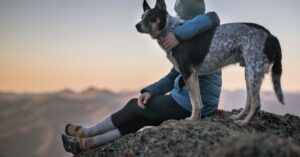 A person wearing a beanie and winter jacket sits on a rocky mountain with a dog, overlooking sunset views.Blue Heeler